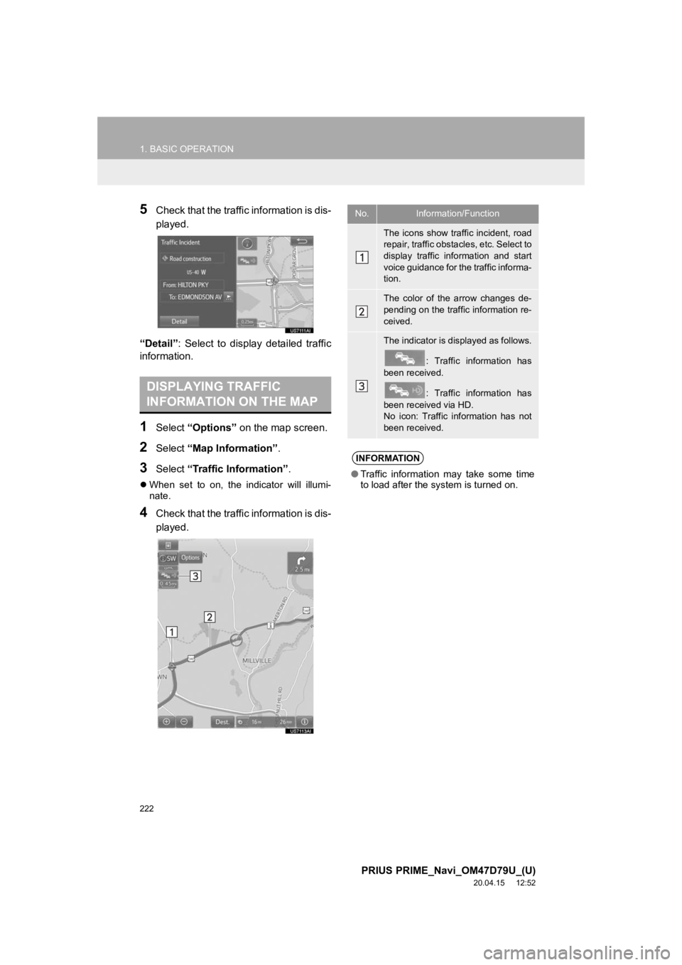 TOYOTA PRIUS PRIME 2021  Accessories, Audio & Navigation (in English) 222
1. BASIC OPERATION
PRIUS PRIME_Navi_OM47D79U_(U)
20.04.15     12:52
5Check that the traffic information is dis-
played.
“Detail” :  Select  to  display  detailed  traffic
information.
1Select 