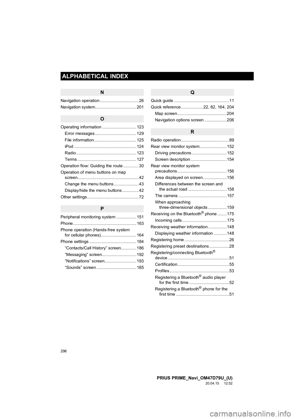 TOYOTA PRIUS PRIME 2021 Accessories, Audio & Navigation (in English) 296
ALPHABETICAL INDEX
PRIUS PRIME_Navi_OM47D79U_(U)
20.04.15 12:52
N
Navigation operation ................................. 26
Navigation system................................ ... 201
O
Operatin TOYOTA PRIUS PRIME 2021 Accessories, Audio & Navigation (in English) 296
ALPHABETICAL INDEX
PRIUS PRIME_Navi_OM47D79U_(U)
20.04.15 12:52
N
Navigation operation ................................. 26
Navigation system................................ ... 201
O
Operatin