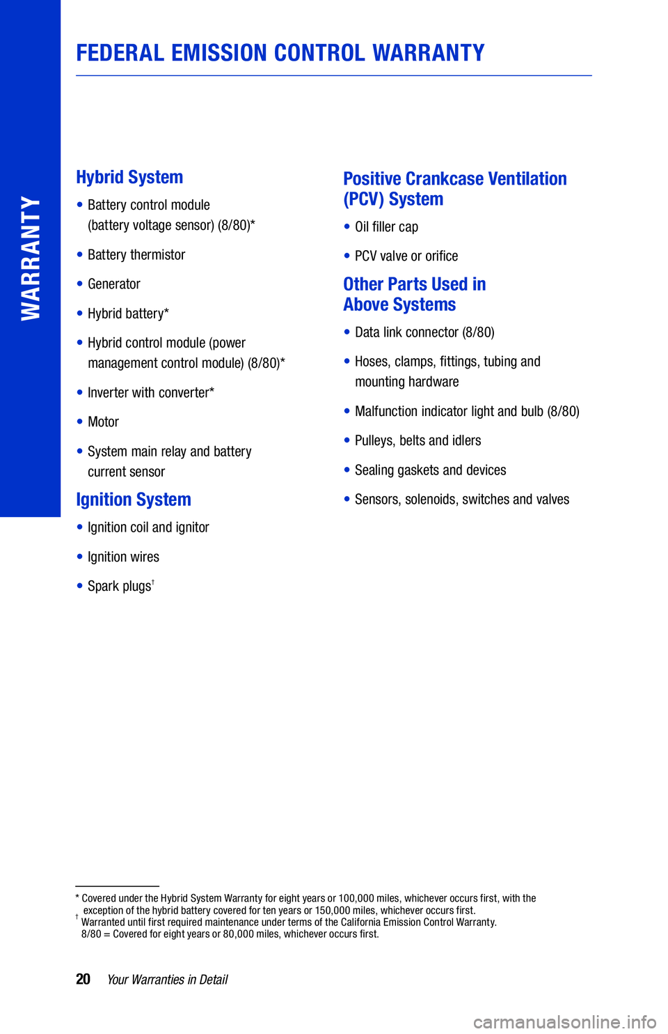 TOYOTA PRIUS PRIME 2021  Warranties & Maintenance Guides (in English) 20Your Warranties in Detail
WARRANTY
Hybrid System
• Battery control module   
(battery voltage sensor) (8/80)*
•  Battery thermistor
• Generator
• Hybrid battery*
• Hybrid control module (p