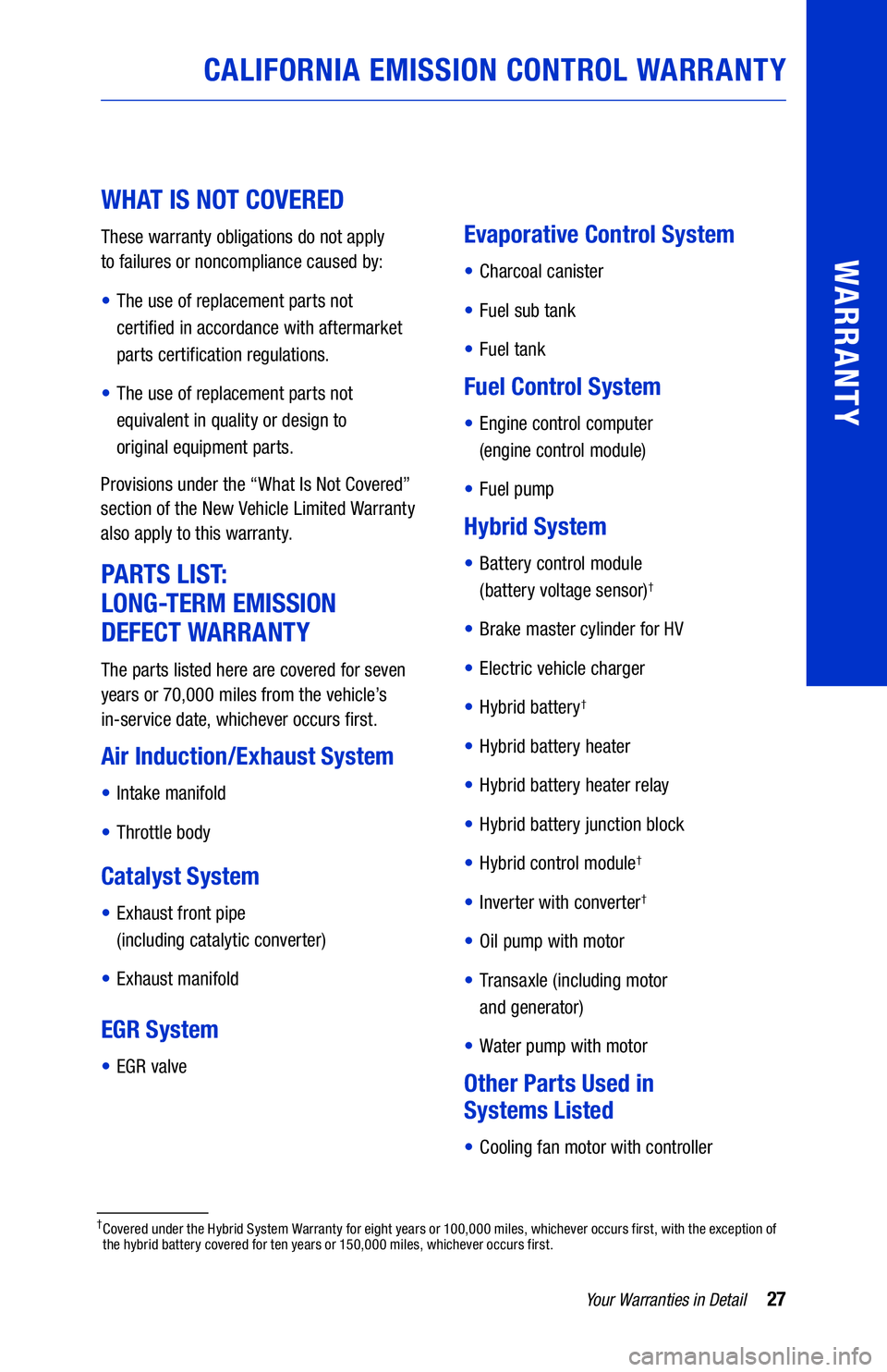 TOYOTA PRIUS PRIME 2021  Warranties & Maintenance Guides (in English) 27Your Warranties in Detail
WARRANTY
WHAT IS NOT COVERED 
These warranty obligations do not apply  
to failures or noncompliance caused by:
•  The use of replacement parts not   
certified in accord