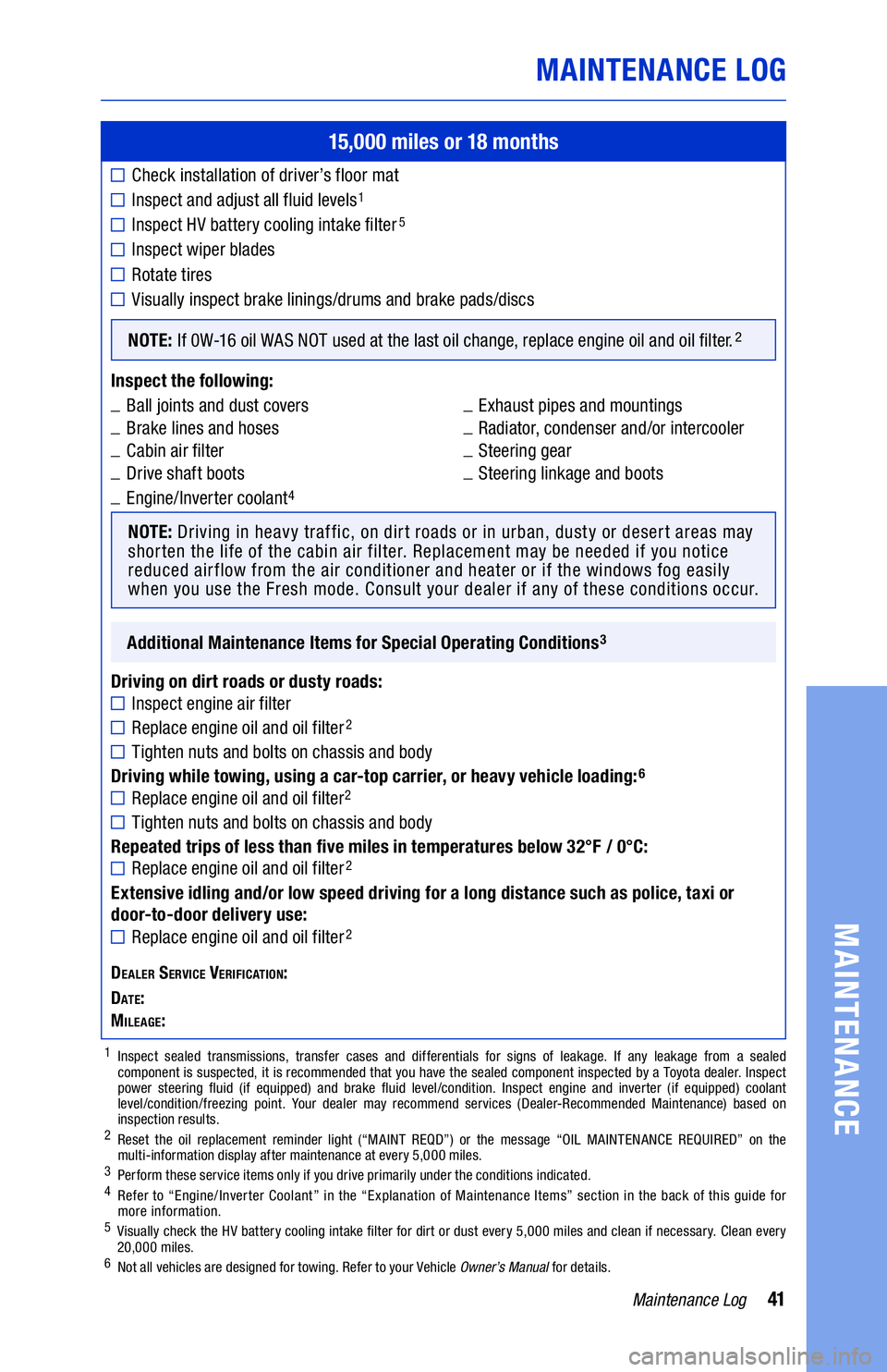 TOYOTA PRIUS PRIME 2021  Warranties & Maintenance Guides (in English) 41Maintenance Log
MAINTENANCE LOG
MAINTENANCE
15,000 miles or 18 months
	■Check installation of driver’s floor mat
	■Inspect and adjust all fluid levels1
	■Inspect HV battery cooling intake �
