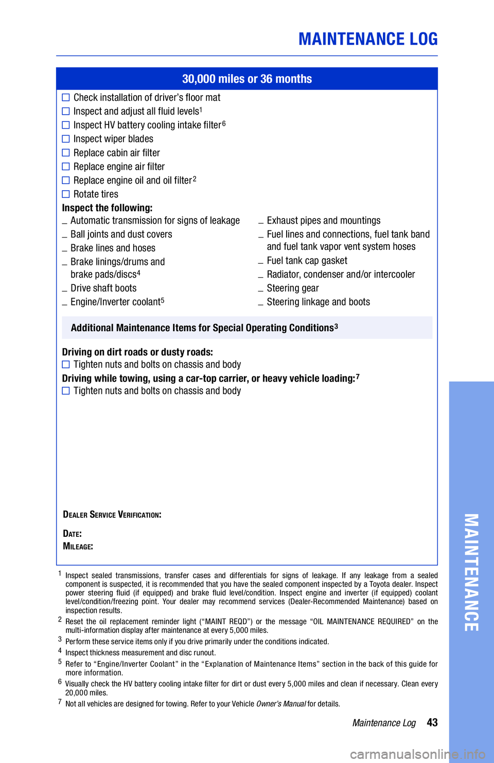 TOYOTA PRIUS PRIME 2021  Warranties & Maintenance Guides (in English) 43Maintenance Log
MAINTENANCE  LOG
MAINTENANCE
30,000 miles or 36  months
Check  installation  of driver’s  floor mat
Inspect  and adjust  all fluid levels1
Inspect  HV battery  cooling  intake � lt