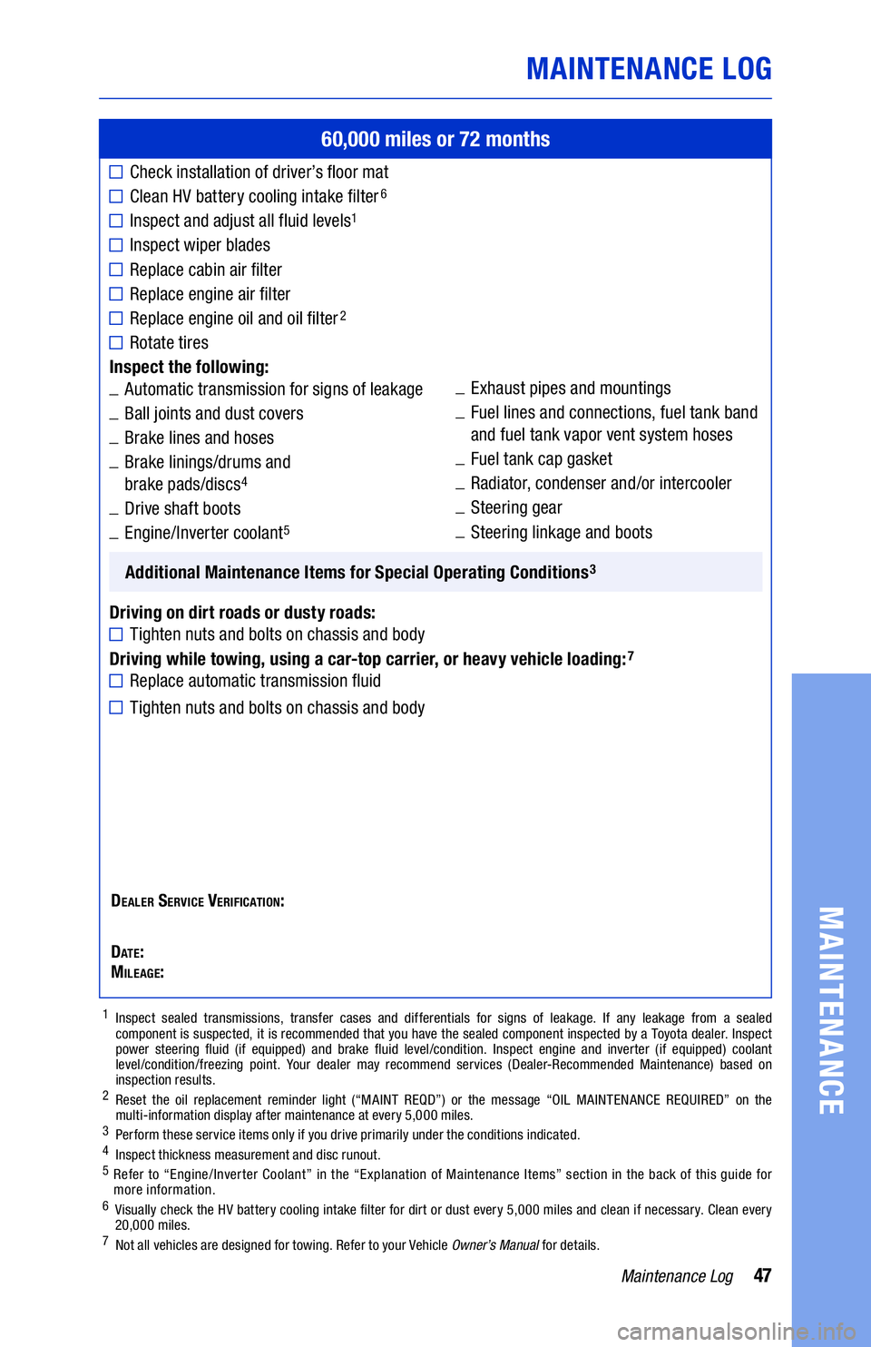 TOYOTA PRIUS PRIME 2021  Warranties & Maintenance Guides (in English) 47Maintenance Log
MAINTENANCE LOG
MAINTENANCE
60,000 miles or 72 months
Check installation of driver’s floor mat
Clean HV battery cooling intake �lter6
Inspect and adjust all fluid levels1
Inspect w