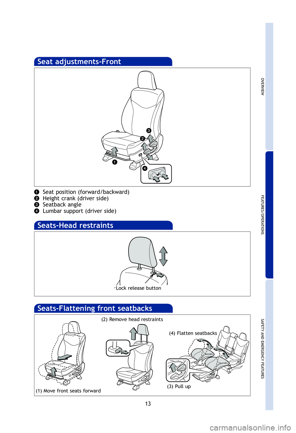 TOYOTA PRIUS V 2012 (in English) User Guide OVERVIEW
FEATURES/OPERATIONS
SAFETY AND EMERGENCY FEATURES
13
rid
g
gth
Seat adjustments-Front
Seat position (forward/backward)
Height crank (driver side)
Seatback angle
Lumbar support (driver side)
TOYOTA PRIUS V 2012 (in English) User Guide OVERVIEW
FEATURES/OPERATIONS
SAFETY AND EMERGENCY FEATURES
13
rid
g
gth
Seat adjustments-Front
Seat position (forward/backward)
Height crank (driver side)
Seatback angle
Lumbar support (driver side)