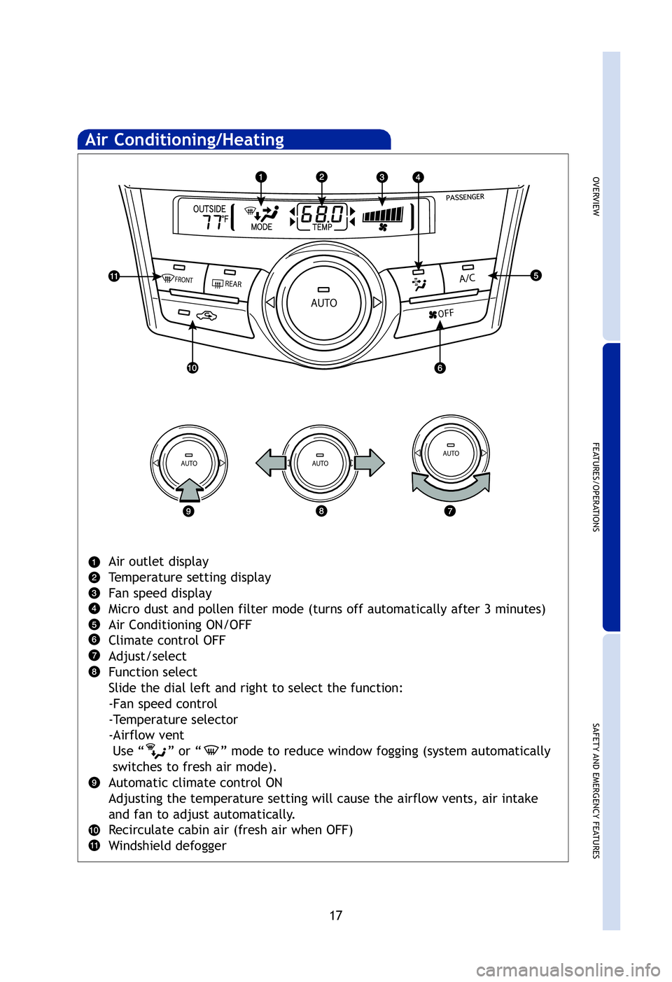 TOYOTA PRIUS V 2012 (in English) User Guide OVERVIEW
FEATURES/OPERATIONS
SAFETY AND EMERGENCY FEATURES
17
Air Conditioning/Heating
Air outlet display
Temperature setting display
Fan speed display
Micro dust and pollen filter mode (turns off aut TOYOTA PRIUS V 2012 (in English) User Guide OVERVIEW
FEATURES/OPERATIONS
SAFETY AND EMERGENCY FEATURES
17
Air Conditioning/Heating
Air outlet display
Temperature setting display
Fan speed display
Micro dust and pollen filter mode (turns off aut