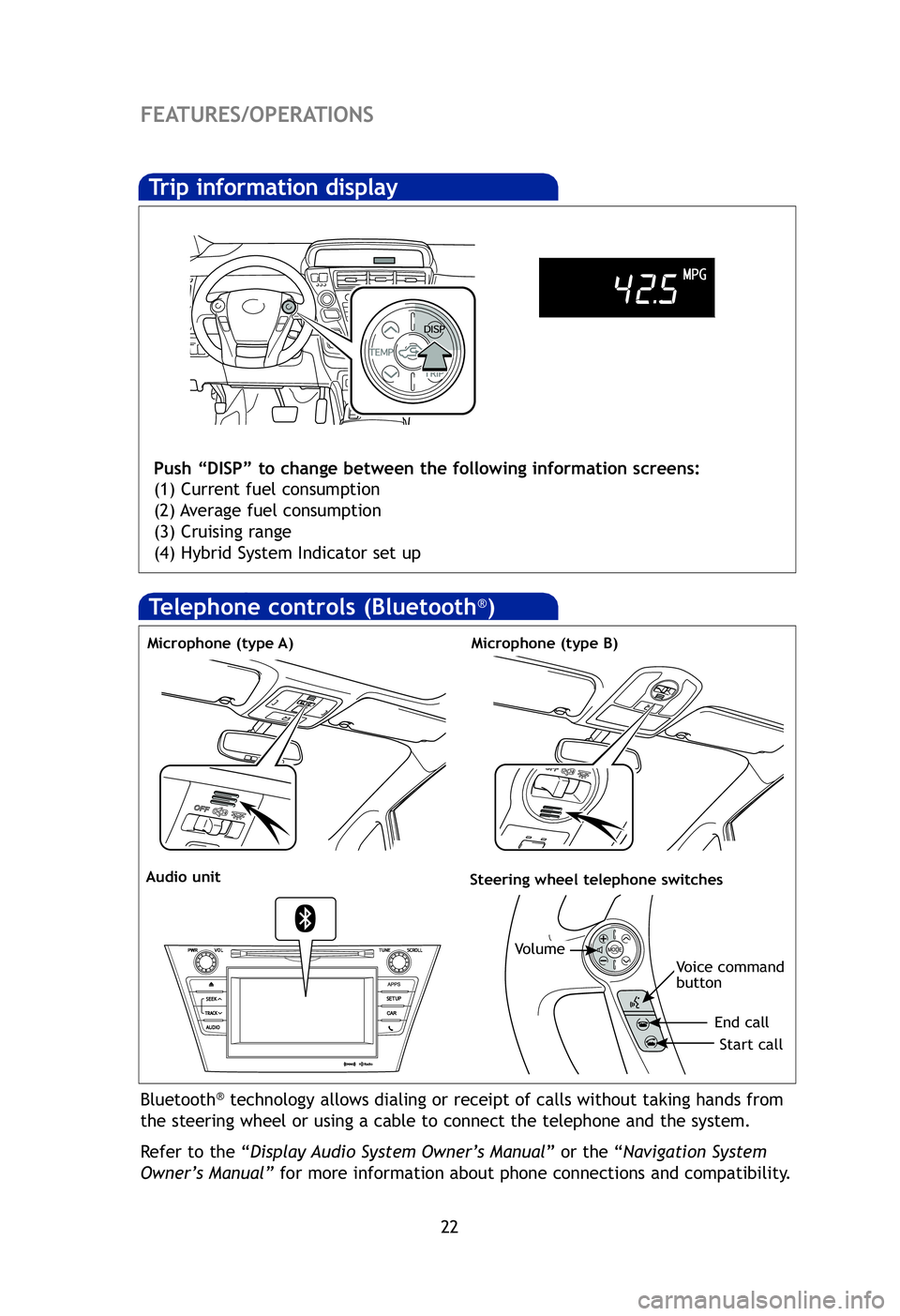 TOYOTA PRIUS V 2012 Owners Manual (in English) 22
FEATURES/OPERATIONS
Trip information display
Push “DISP” to change between the following information screens:
(1) Current fuel consumption
(2) Average fuel consumption
(3) Cruising range
(4) Hy TOYOTA PRIUS V 2012 Owners Manual (in English) 22
FEATURES/OPERATIONS
Trip information display
Push “DISP” to change between the following information screens:
(1) Current fuel consumption
(2) Average fuel consumption
(3) Cruising range
(4) Hy