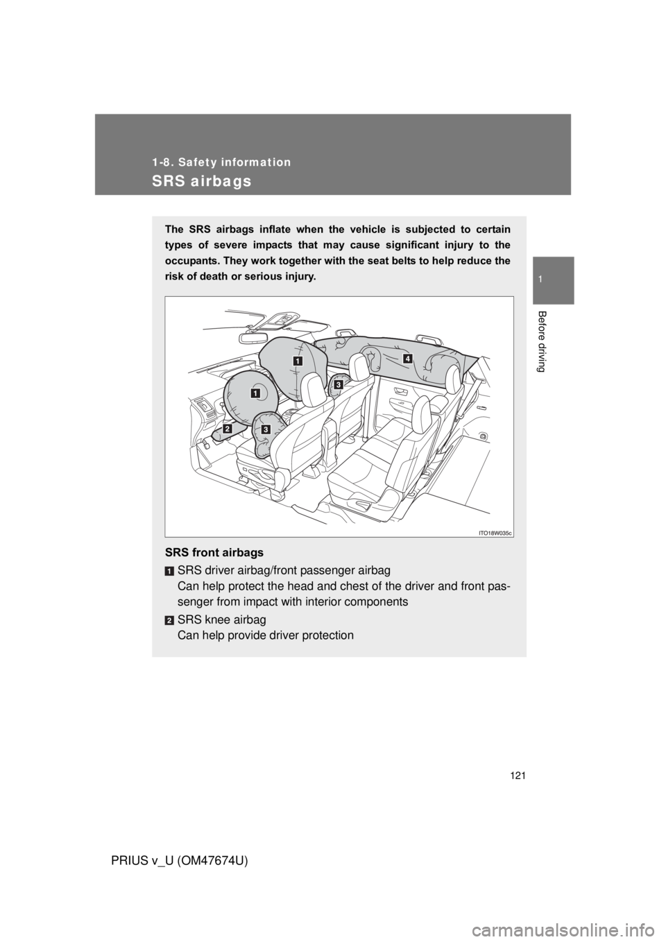 TOYOTA PRIUS V 2012 Owners Manual (in English) 121
1
1-8. Safety information
Before driving
PRIUS v_U (OM47674U)
SRS airbags
The SRS airbags inflate when the vehicle is subjected to certain
types of severe impacts that may cause si TOYOTA PRIUS V 2012 Owners Manual (in English) 121
1
1-8. Safety information
Before driving
PRIUS v_U (OM47674U)
SRS airbags
The SRS airbags inflate when the vehicle is subjected to certain
types of severe impacts that may cause si