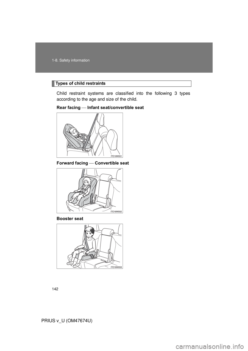 TOYOTA PRIUS V 2012 Owners Manual (in English) 142 1-8. Safety information
PRIUS v_U (OM47674U)
Types of child restraintsChild restraint systems are clas sified into the following 3 types
according to the age and size of the child.
Rear facing TOYOTA PRIUS V 2012 Owners Manual (in English) 142 1-8. Safety information
PRIUS v_U (OM47674U)
Types of child restraintsChild restraint systems are clas sified into the following 3 types
according to the age and size of the child.
Rear facing