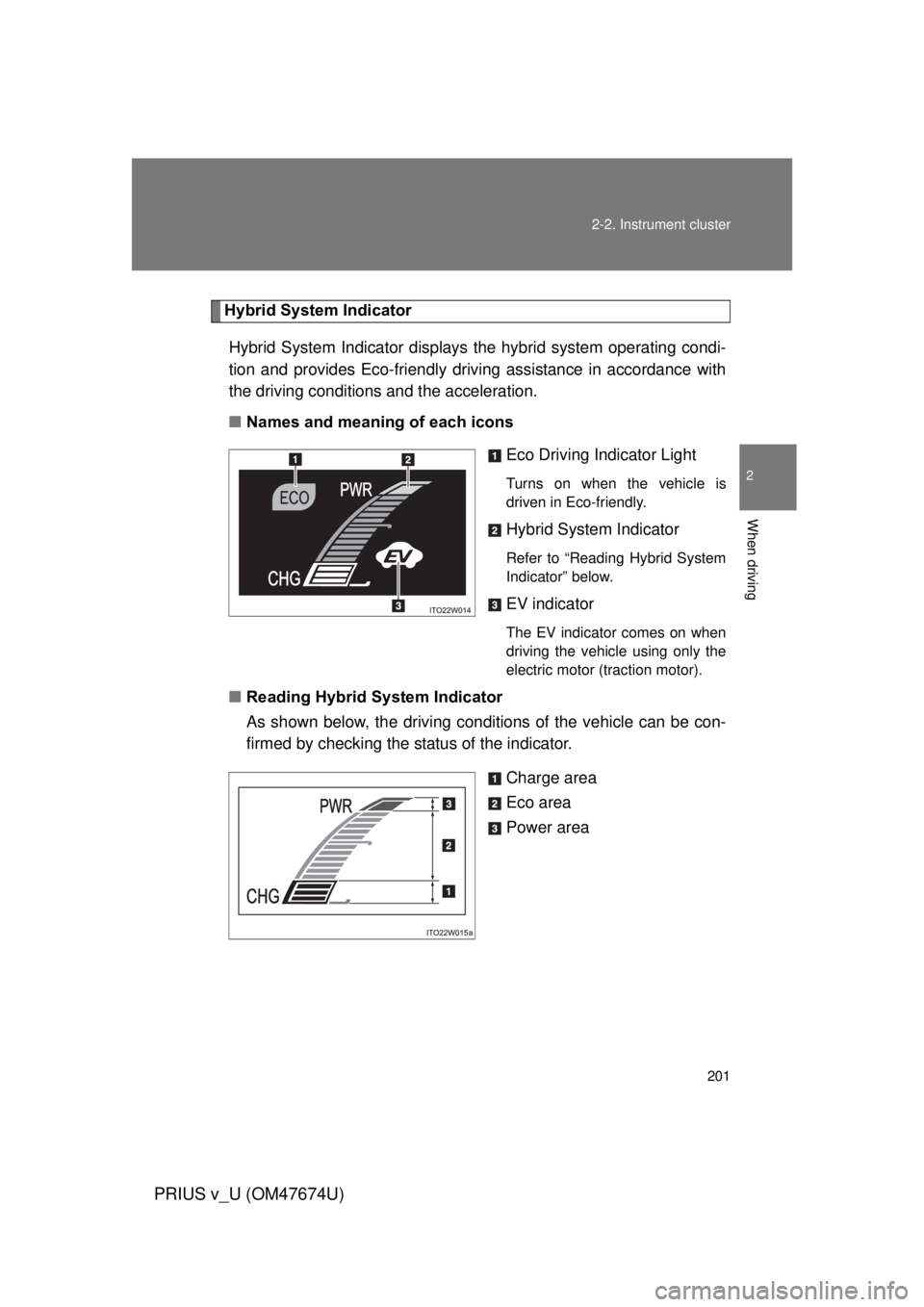 TOYOTA PRIUS V 2012 Owners Manual (in English) 201
2-2. Instrument cluster
PRIUS v_U (OM47674U)
2
When driving
Hybrid System Indicator
Hybrid System Indicator displays the hybrid system operating condi-
tion and provides Eco-friendly driving assi TOYOTA PRIUS V 2012 Owners Manual (in English) 201
2-2. Instrument cluster
PRIUS v_U (OM47674U)
2
When driving
Hybrid System Indicator
Hybrid System Indicator displays the hybrid system operating condi-
tion and provides Eco-friendly driving assi