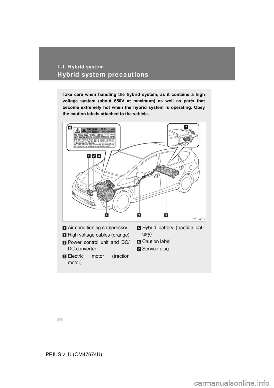 TOYOTA PRIUS V 2012 (in English) Owners Guide 34
1-1. Hybrid system
PRIUS v_U (OM47674U)
Hybrid system precautions
Take care when handling the hybrid system, as it contains a high
voltage system (about 650V at maximum) as well TOYOTA PRIUS V 2012 (in English) Owners Guide 34
1-1. Hybrid system
PRIUS v_U (OM47674U)
Hybrid system precautions
Take care when handling the hybrid system, as it contains a high
voltage system (about 650V at maximum) as well