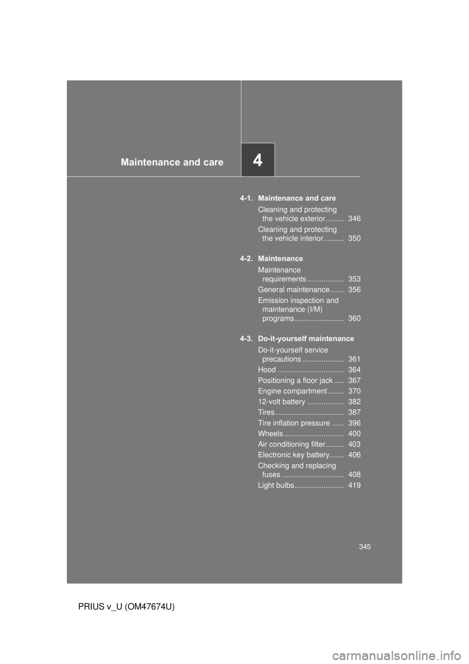 TOYOTA PRIUS V 2012 Owners Manual (in English) Maintenance and care4
345
PRIUS v_U (OM47674U)
4-1. Maintenance and careCleaning and protecting the vehicle exterior ......... 346
Cleaning and protecting the vehicle interior .......... 350
4-2. M TOYOTA PRIUS V 2012 Owners Manual (in English) Maintenance and care4
345
PRIUS v_U (OM47674U)
4-1. Maintenance and careCleaning and protecting the vehicle exterior ......... 346
Cleaning and protecting the vehicle interior .......... 350
4-2. M