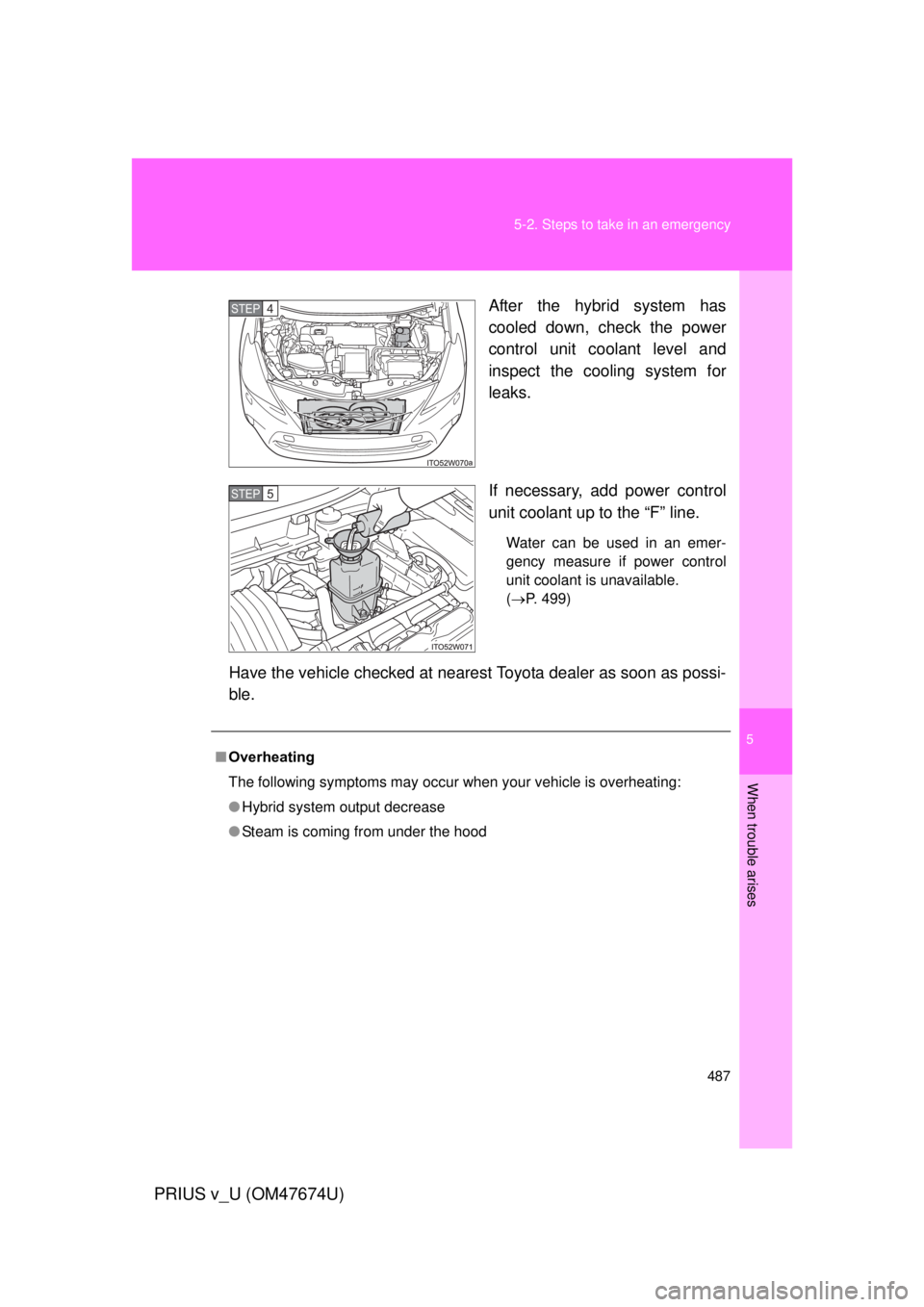 TOYOTA PRIUS V 2012 Owners Manual (in English) 5
When trouble arises
487
5-2. Steps to take in an emergency
PRIUS v_U (OM47674U)
After the hybrid system has
cooled down, check the power
control unit coolant level and
inspect the cooling system for TOYOTA PRIUS V 2012 Owners Manual (in English) 5
When trouble arises
487
5-2. Steps to take in an emergency
PRIUS v_U (OM47674U)
After the hybrid system has
cooled down, check the power
control unit coolant level and
inspect the cooling system for