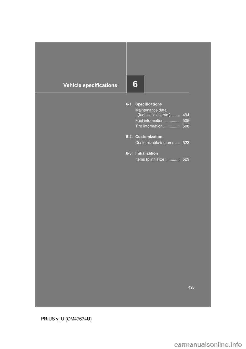 TOYOTA PRIUS V 2012  Owners Manual (in English) Vehicle specifications6
493
PRIUS v_U (OM47674U)
6-1. SpecificationsMaintenance data (fuel, oil level, etc.) .........  494
Fuel information ...............  505
Tire information ................  508