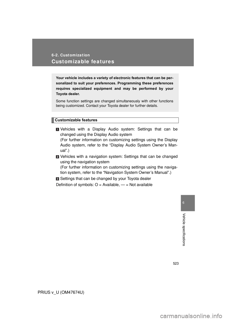 TOYOTA PRIUS V 2012 Owners Manual (in English) 523
6
Vehicle specifications
PRIUS v_U (OM47674U)
6-2. Customization
Customizable features
Customizable featuresVehicles with a Display Audio system: Settings that can be
changed using the Display Aud TOYOTA PRIUS V 2012 Owners Manual (in English) 523
6
Vehicle specifications
PRIUS v_U (OM47674U)
6-2. Customization
Customizable features
Customizable featuresVehicles with a Display Audio system: Settings that can be
changed using the Display Aud