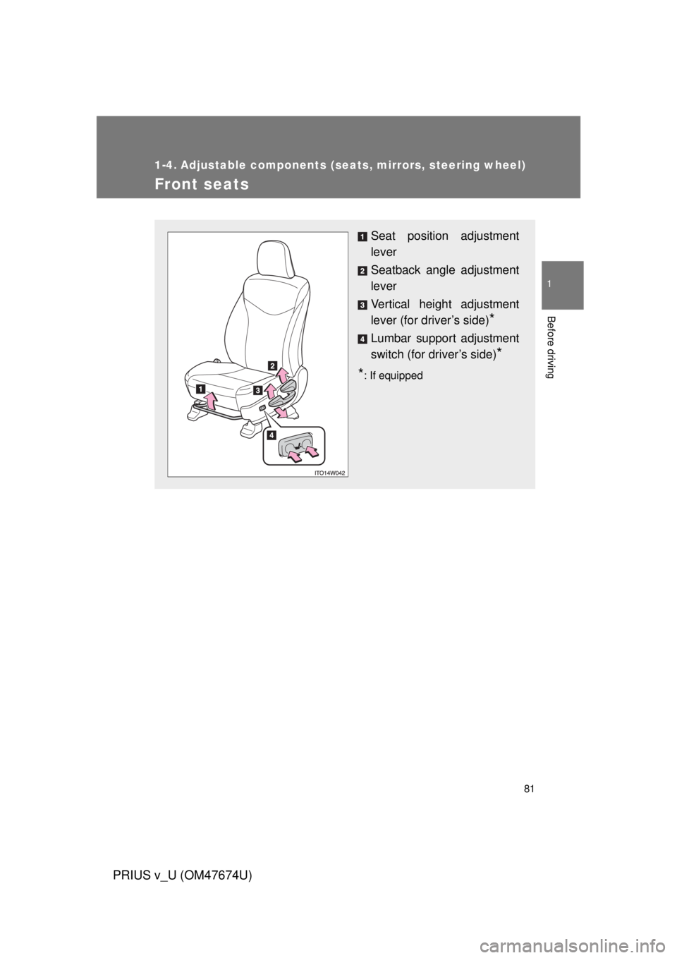 TOYOTA PRIUS V 2012 (in English) Manual Online 81
1
Before driving
PRIUS v_U (OM47674U)
1-4. Adjustable components (seats, mirrors, steering wheel)
Front seats
Seat position adjustment
lever
Seatback angle adjustment
lever
Vertical height adjustme TOYOTA PRIUS V 2012 (in English) Manual Online 81
1
Before driving
PRIUS v_U (OM47674U)
1-4. Adjustable components (seats, mirrors, steering wheel)
Front seats
Seat position adjustment
lever
Seatback angle adjustment
lever
Vertical height adjustme