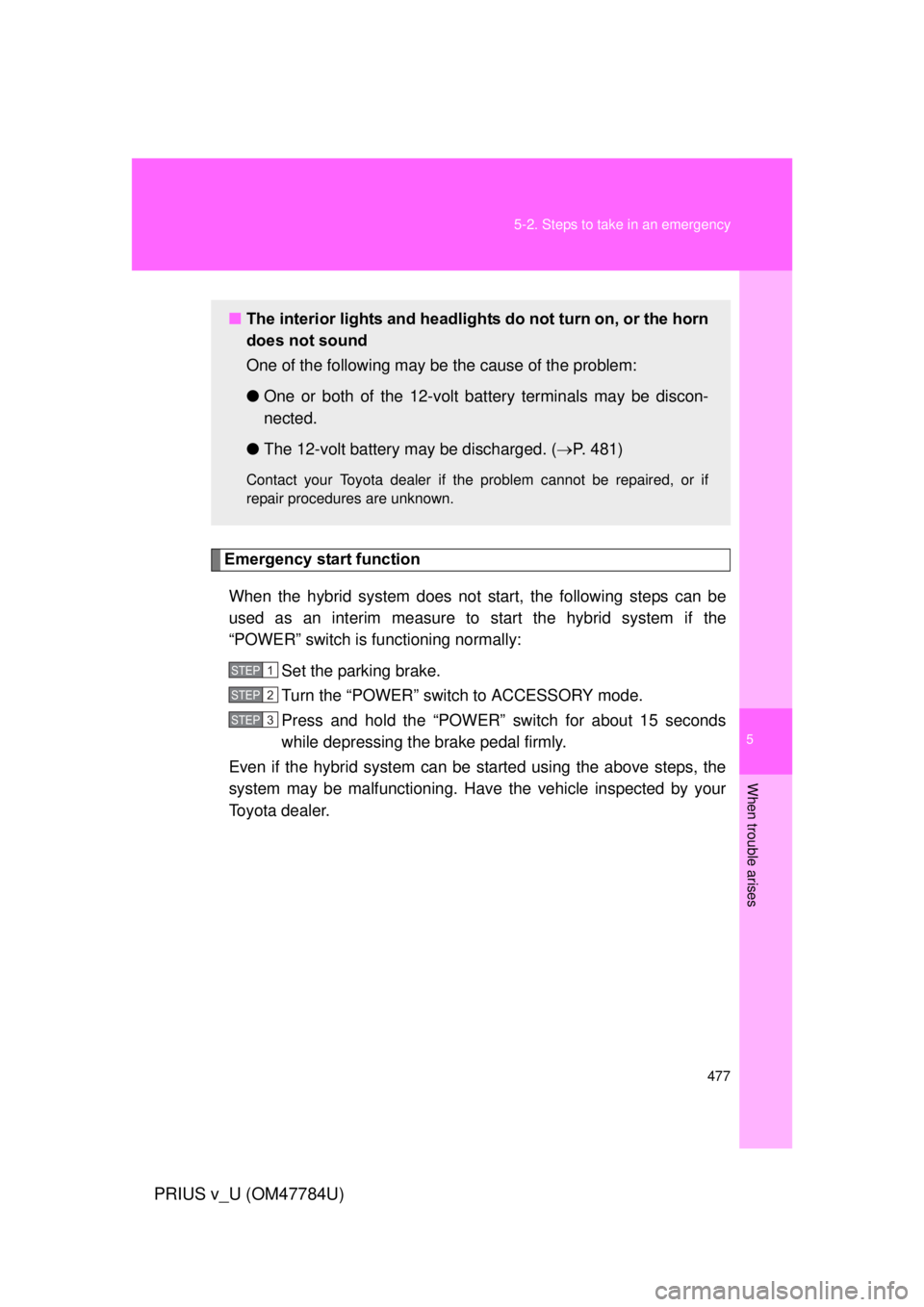 TOYOTA PRIUS V 2012 Owners Manual (in English) 5
When trouble arises
477
5-2. Steps to take in an emergency
PRIUS v_U (OM47784U)
Emergency start function
When the hybrid system does not start, the following steps can be
used as an interim measure TOYOTA PRIUS V 2012 Owners Manual (in English) 5
When trouble arises
477
5-2. Steps to take in an emergency
PRIUS v_U (OM47784U)
Emergency start function
When the hybrid system does not start, the following steps can be
used as an interim measure