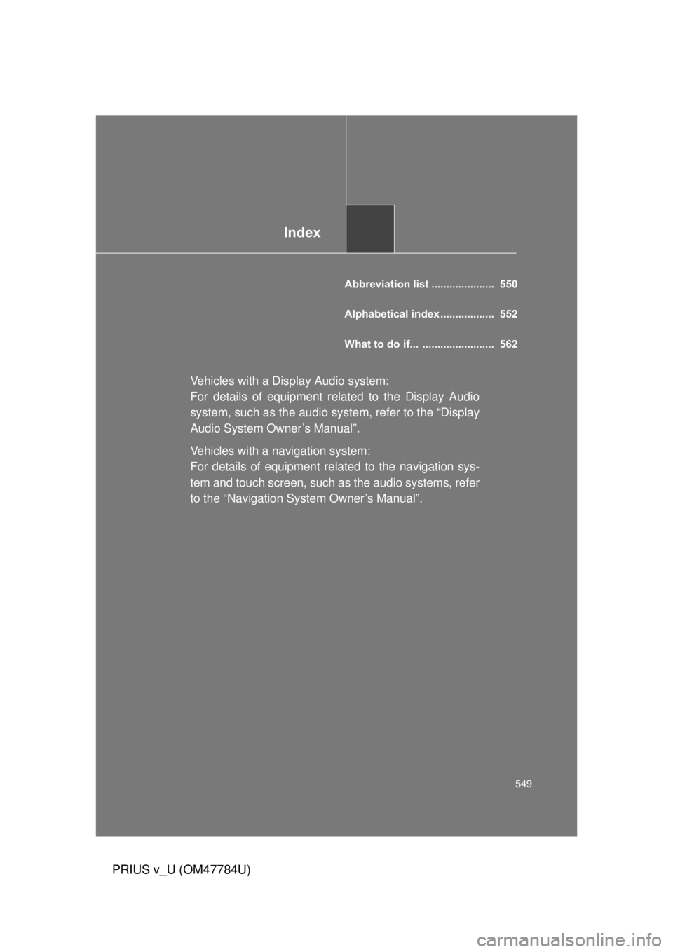 TOYOTA PRIUS V 2012 Owners Manual (in English) Index
549
PRIUS v_U (OM47784U)
Abbreviation list ..................... 550
Alphabetical index .................. 552
What to do if... ........................ 562
Vehicles with a Display Audio sys TOYOTA PRIUS V 2012 Owners Manual (in English) Index
549
PRIUS v_U (OM47784U)
Abbreviation list ..................... 550
Alphabetical index .................. 552
What to do if... ........................ 562
Vehicles with a Display Audio sys