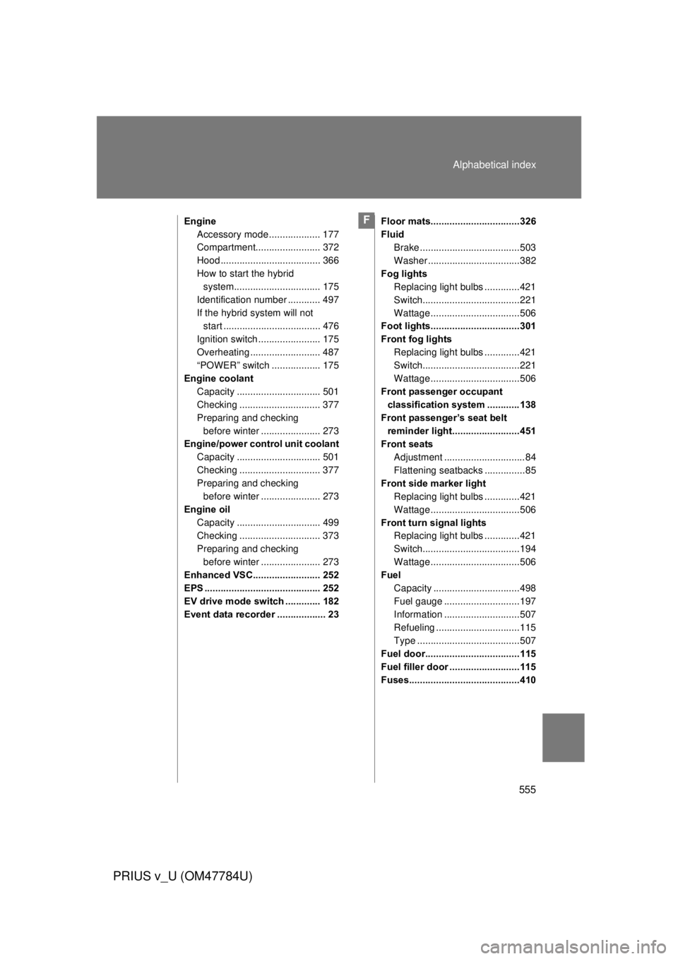 TOYOTA PRIUS V 2012  Owners Manual (in English) 555
Alphabetical index
PRIUS v_U (OM47784U)
Engine
Accessory mode ................... 177
Compartment........................ 372
Hood ..................................... 366
How to start the hybrid