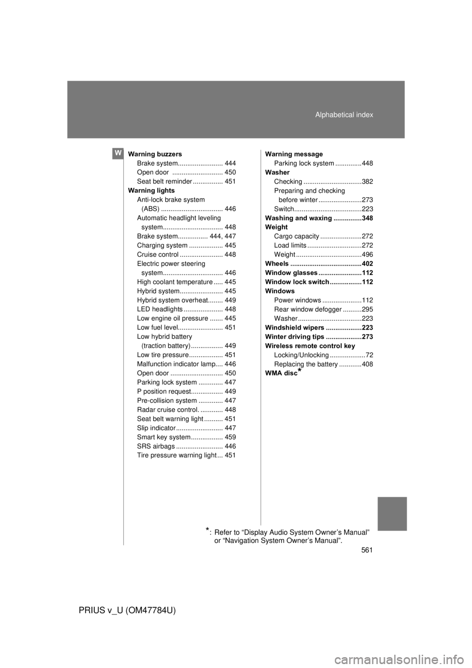 TOYOTA PRIUS V 2012 Owners Manual (in English) 561
Alphabetical index
PRIUS v_U (OM47784U)
Warning buzzers
Brake system........................ 444
Open door ........................... 450
Seat belt reminder ................ 451
Warning lights A TOYOTA PRIUS V 2012 Owners Manual (in English) 561
Alphabetical index
PRIUS v_U (OM47784U)
Warning buzzers
Brake system........................ 444
Open door ........................... 450
Seat belt reminder ................ 451
Warning lights A