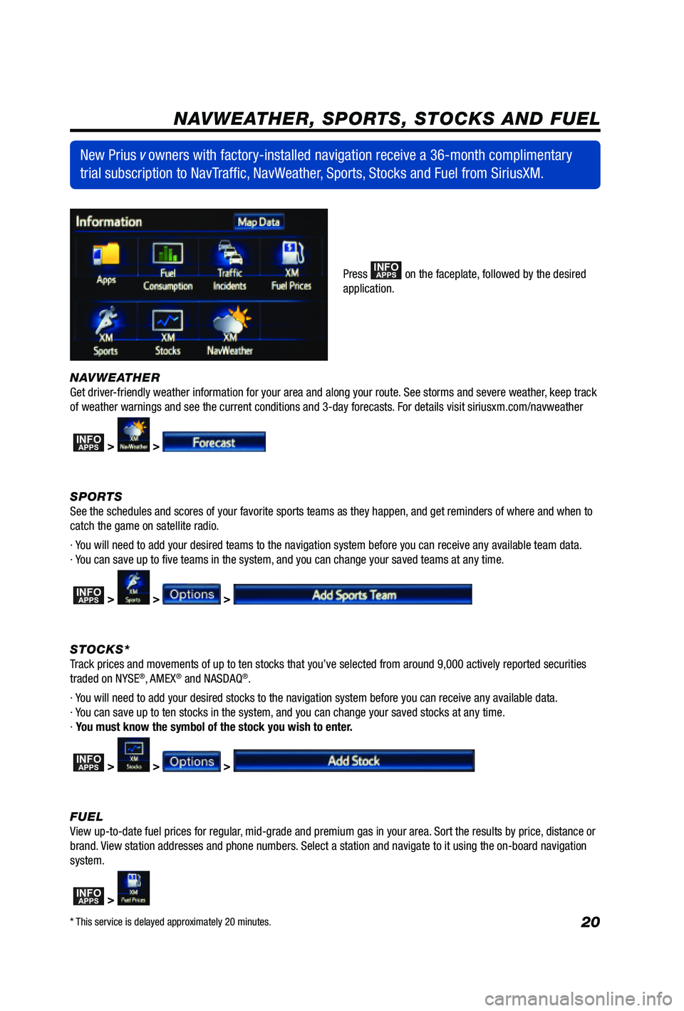 TOYOTA PRIUS V 2012  Accessories, Audio & Navigation (in English) 20
NAVWEATHER
Get driver-friendly weather information for your area and along your route. See storms and severe weather, keep track 
of weather warnings and see the current conditions and 3-day foreca