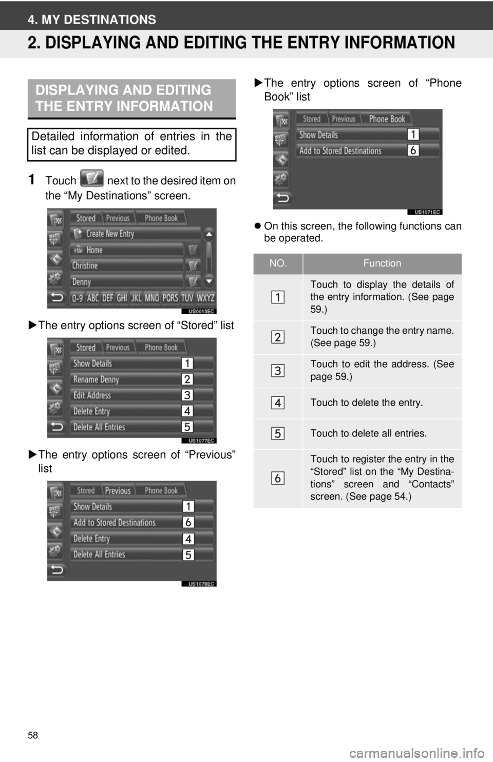 TOYOTA PRIUS V 2012  Accessories, Audio & Navigation (in English) 58
4. MY DESTINATIONS
2. DISPLAYING AND EDITING THE ENTRY INFORMATION
1Touch   next to the desired item on
the “My Destinations” screen.
 The entry options screen of “Stored” list
 The e