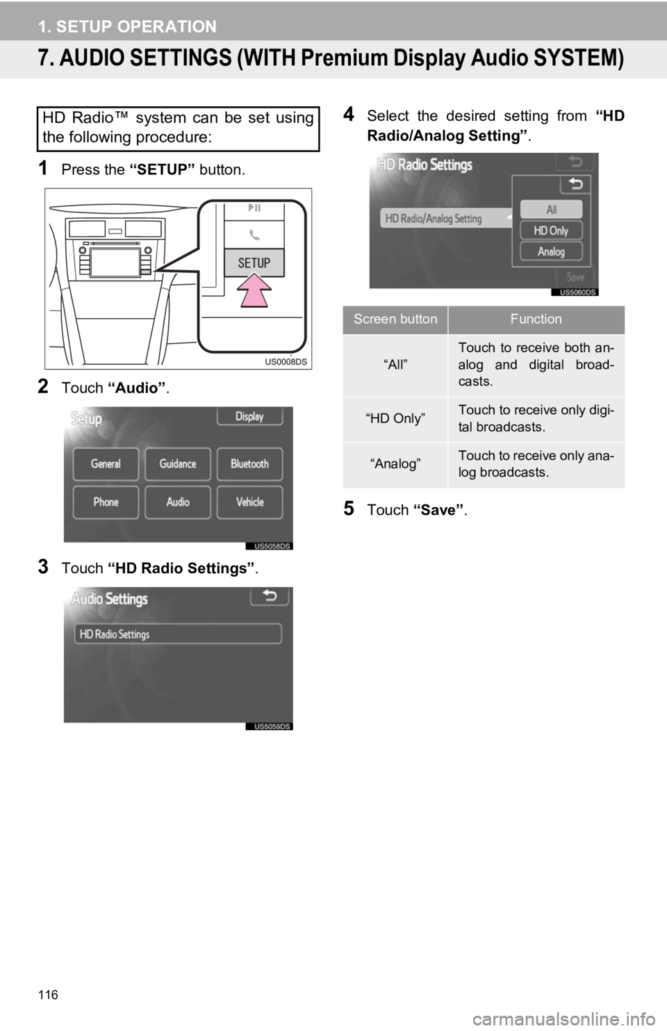 TOYOTA PRIUS V 2012  Accessories, Audio & Navigation (in English) 116
1. SETUP OPERATION
7. AUDIO SETTINGS (WITH Premium Display Audio SYSTEM)
1Press the “SETUP” button.
2Touch “Audio” .
3Touch “HD Radio Settings” .
4Select  the  desired  setting  from  