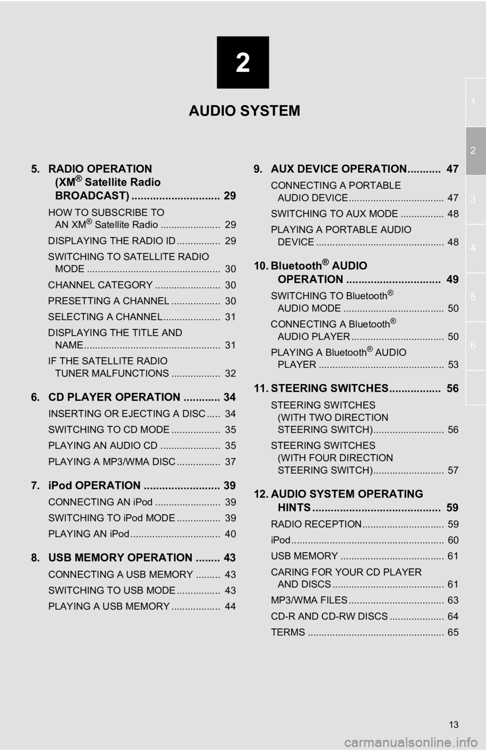 TOYOTA PRIUS V 2012 Accessories, Audio & Navigation (in English) 2
13
1
2
3
4
5
6
5. RADIO OPERATION (XM® Satellite Radio
BROADCAST) .............. ............... 29
HOW TO SUBSCRIBE TO
AN XM® Satellite Radio ...................... 29
DISPLAYING THE RADIO ID TOYOTA PRIUS V 2012 Accessories, Audio & Navigation (in English) 2
13
1
2
3
4
5
6
5. RADIO OPERATION (XM® Satellite Radio
BROADCAST) .............. ............... 29
HOW TO SUBSCRIBE TO
AN XM® Satellite Radio ...................... 29
DISPLAYING THE RADIO ID