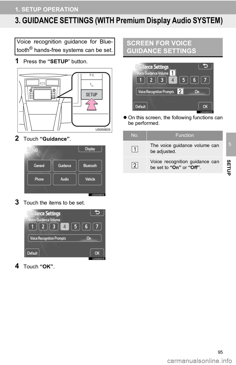 TOYOTA PRIUS V 2012 Accessories, Audio & Navigation (in English) 95
1. SETUP OPERATION
5
SETUP
3. GUIDANCE SETTINGS (WITH Premium Display Audio SYSTEM)
1Press the “SETUP” button.
2Touch “Guidance” .
3Touch the items to be set.
4Touch “OK”.
On this sc TOYOTA PRIUS V 2012 Accessories, Audio & Navigation (in English) 95
1. SETUP OPERATION
5
SETUP
3. GUIDANCE SETTINGS (WITH Premium Display Audio SYSTEM)
1Press the “SETUP” button.
2Touch “Guidance” .
3Touch the items to be set.
4Touch “OK”.
On this sc