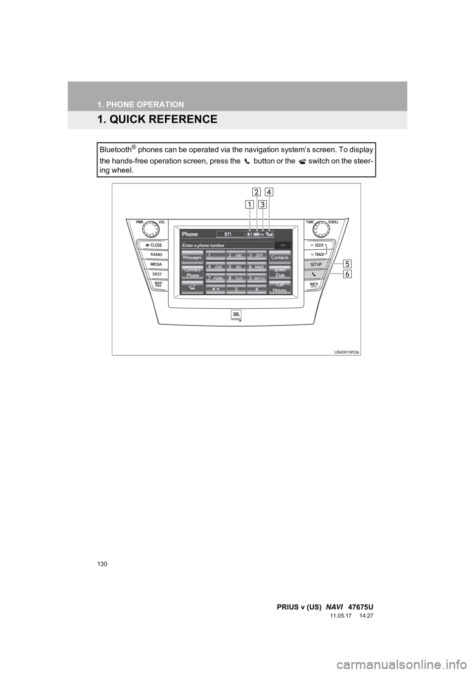 TOYOTA PRIUS V 2012  Accessories, Audio & Navigation (in English) 130
PRIUS v (US)  NAVI   47675U
11.05.17     14:27
1. PHONE OPERATION
1. QUICK REFERENCE
Bluetooth® phones can be operated via the navigation system’s screen. To display
the hands-free operation sc
