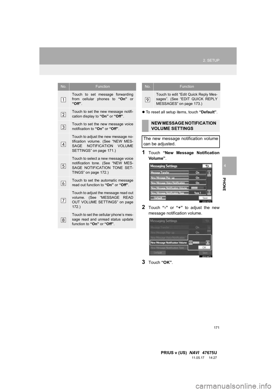 TOYOTA PRIUS V 2012 Accessories, Audio & Navigation (in English) 171
2. SETUP
4
PHONE
PRIUS v (US) NAVI 47675U
11.05.17 14:27
To reset all setup items, touch “Default”.
1Touch “New Message Notification
Vo l u m e ” .
2Touch “-” or “+” TOYOTA PRIUS V 2012 Accessories, Audio & Navigation (in English) 171
2. SETUP
4
PHONE
PRIUS v (US) NAVI 47675U
11.05.17 14:27
To reset all setup items, touch “Default”.
1Touch “New Message Notification
Vo l u m e ” .
2Touch “-” or “+”