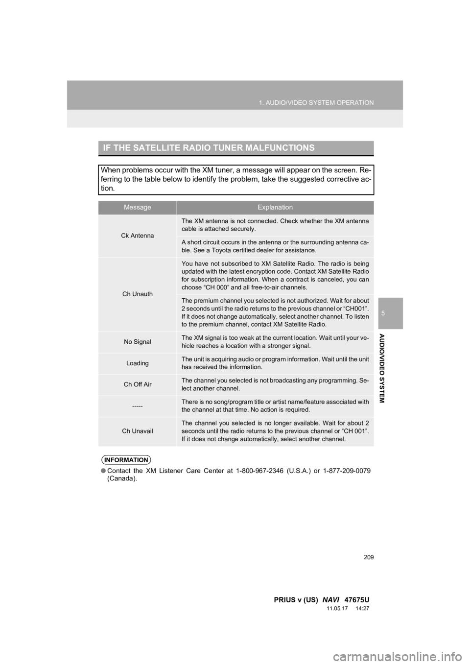TOYOTA PRIUS V 2012 Accessories, Audio & Navigation (in English) 209
1. AUDIO/VIDEO SYSTEM OPERATION
5
AUDIO/VIDEO SYSTEM
PRIUS v (US) NAVI 47675U
11.05.17 14:27
IF THE SATELLITE RADIO TUNER MALFUNCTIONS
When problems occur with the XM tuner, a message will TOYOTA PRIUS V 2012 Accessories, Audio & Navigation (in English) 209
1. AUDIO/VIDEO SYSTEM OPERATION
5
AUDIO/VIDEO SYSTEM
PRIUS v (US) NAVI 47675U
11.05.17 14:27
IF THE SATELLITE RADIO TUNER MALFUNCTIONS
When problems occur with the XM tuner, a message will