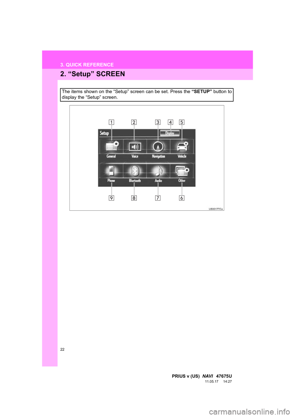 TOYOTA PRIUS V 2012 Accessories, Audio & Navigation (in English) 22
3. QUICK REFERENCE
PRIUS v (US) NAVI 47675U
11.05.17 14:27
2. “Setup” SCREEN
The items shown on the “Setup” screen can be set. Press the “SETUP” button to
display the “Setup TOYOTA PRIUS V 2012 Accessories, Audio & Navigation (in English) 22
3. QUICK REFERENCE
PRIUS v (US) NAVI 47675U
11.05.17 14:27
2. “Setup” SCREEN
The items shown on the “Setup” screen can be set. Press the “SETUP” button to
display the “Setup
