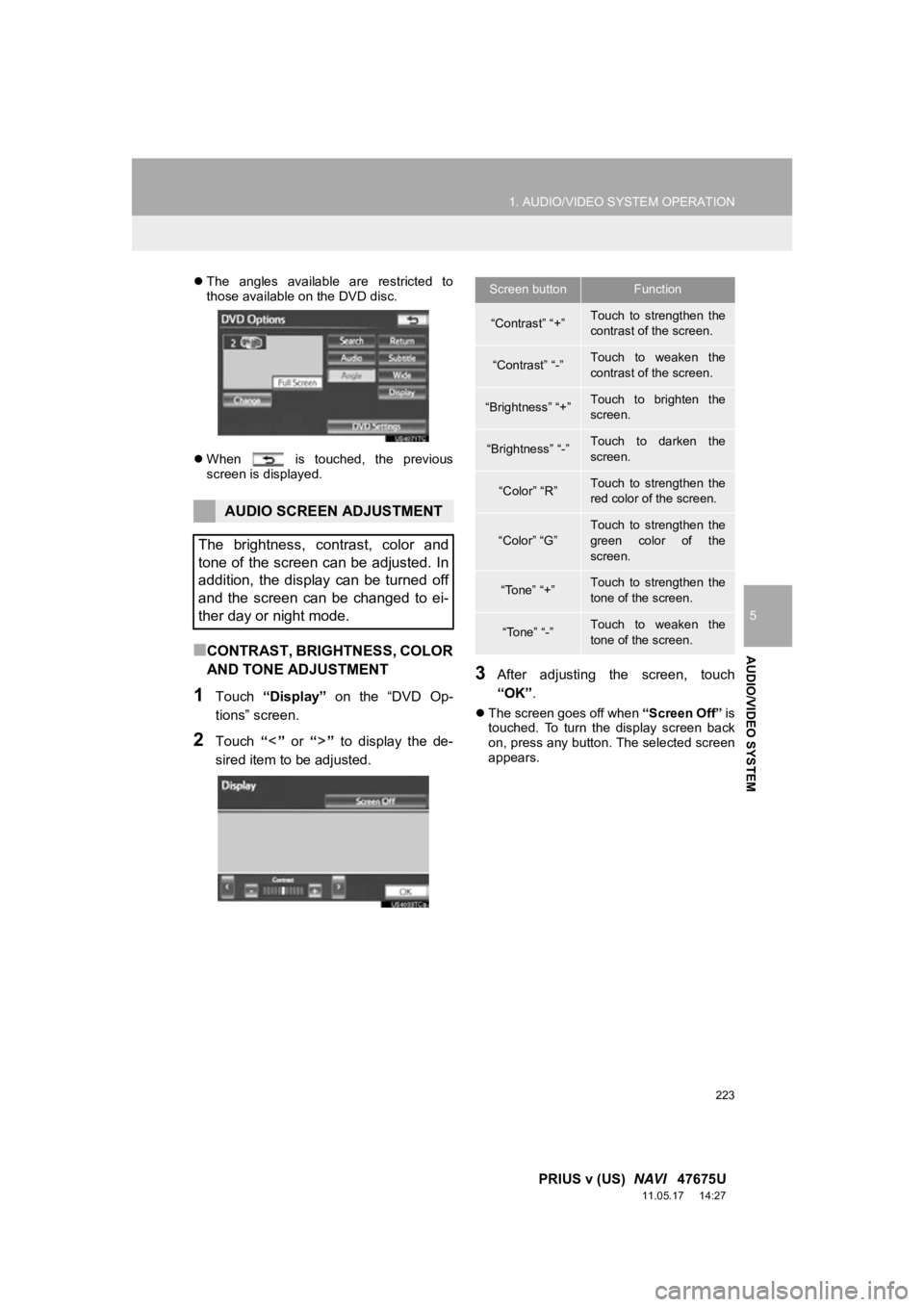 TOYOTA PRIUS V 2012  Accessories, Audio & Navigation (in English) 223
1. AUDIO/VIDEO SYSTEM OPERATION
5
AUDIO/VIDEO SYSTEM
PRIUS v (US)  NAVI   47675U
11.05.17     14:27
The  angles  available  are  restricted  to
those available on the DVD disc.
 When    is  