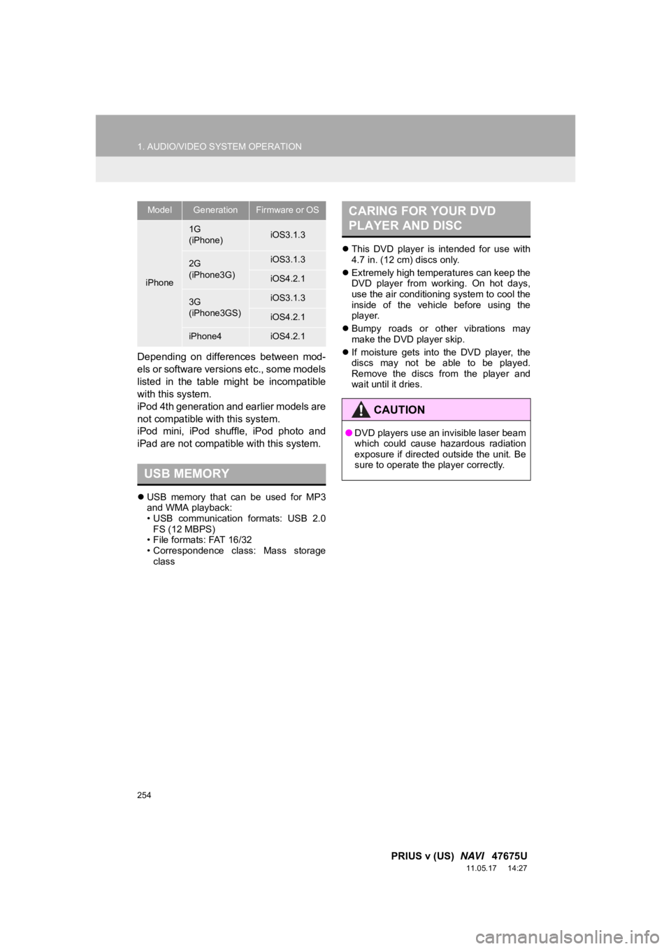 TOYOTA PRIUS V 2012  Accessories, Audio & Navigation (in English) 254
1. AUDIO/VIDEO SYSTEM OPERATION
PRIUS v (US)  NAVI   47675U
11.05.17     14:27
Depending  on  differences  between  mod-
els or software versions etc., some models
listed  in  the  table  might  b
