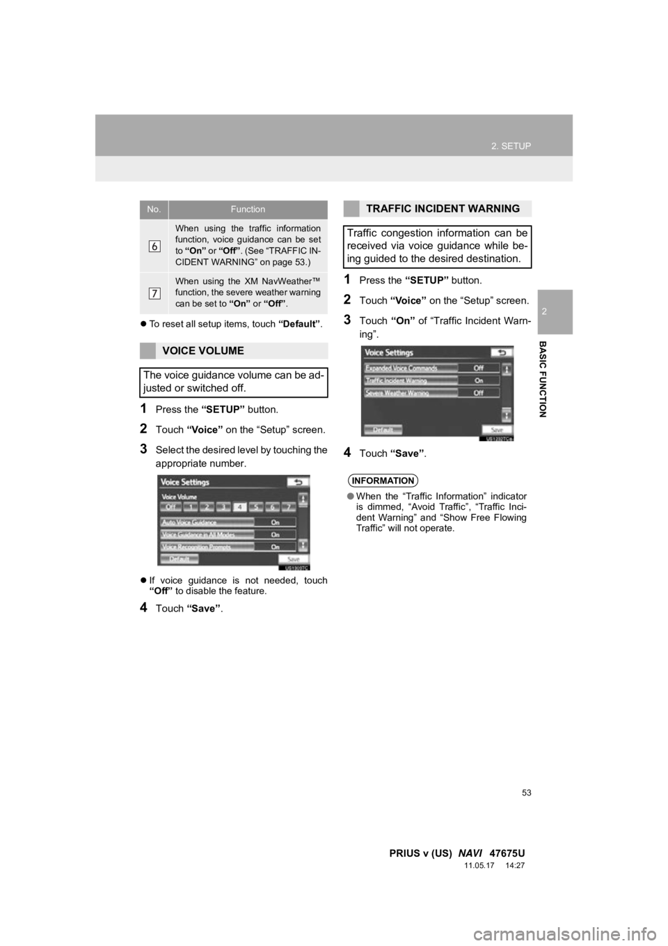 TOYOTA PRIUS V 2012  Accessories, Audio & Navigation (in English) 53
2. SETUP
2
BASIC FUNCTION
PRIUS v (US)  NAVI   47675U
11.05.17     14:27
To reset all setup items, touch  “Default”.
1Press the  “SETUP” button.
2Touch “Voice”  on the “Setup” sc