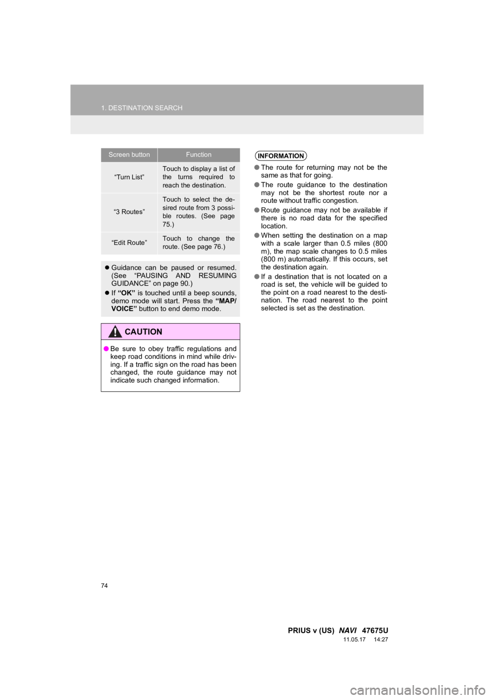 TOYOTA PRIUS V 2012 Accessories, Audio & Navigation (in English) 74
1. DESTINATION SEARCH
PRIUS v (US) NAVI 47675U
11.05.17 14:27
Screen buttonFunction
“Turn List”
Touch to display a list of
the turns required to
reach the destination.
“3 Routes”
TOYOTA PRIUS V 2012 Accessories, Audio & Navigation (in English) 74
1. DESTINATION SEARCH
PRIUS v (US) NAVI 47675U
11.05.17 14:27
Screen buttonFunction
“Turn List”
Touch to display a list of
the turns required to
reach the destination.
“3 Routes”