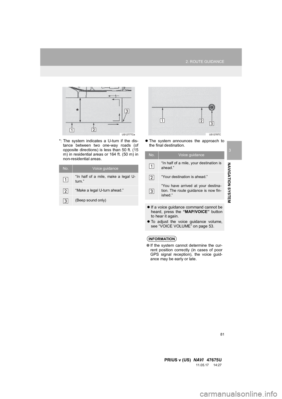 TOYOTA PRIUS V 2012 Accessories, Audio & Navigation (in English) 81
2. ROUTE GUIDANCE
3
NAVIGATION SYSTEM
PRIUS v (US) NAVI 47675U
11.05.17 14:27
*: The system indicates a U-turn if the dis-
tance between two one-way roads (of
opposite direction TOYOTA PRIUS V 2012 Accessories, Audio & Navigation (in English) 81
2. ROUTE GUIDANCE
3
NAVIGATION SYSTEM
PRIUS v (US) NAVI 47675U
11.05.17 14:27
*: The system indicates a U-turn if the dis-
tance between two one-way roads (of
opposite direction