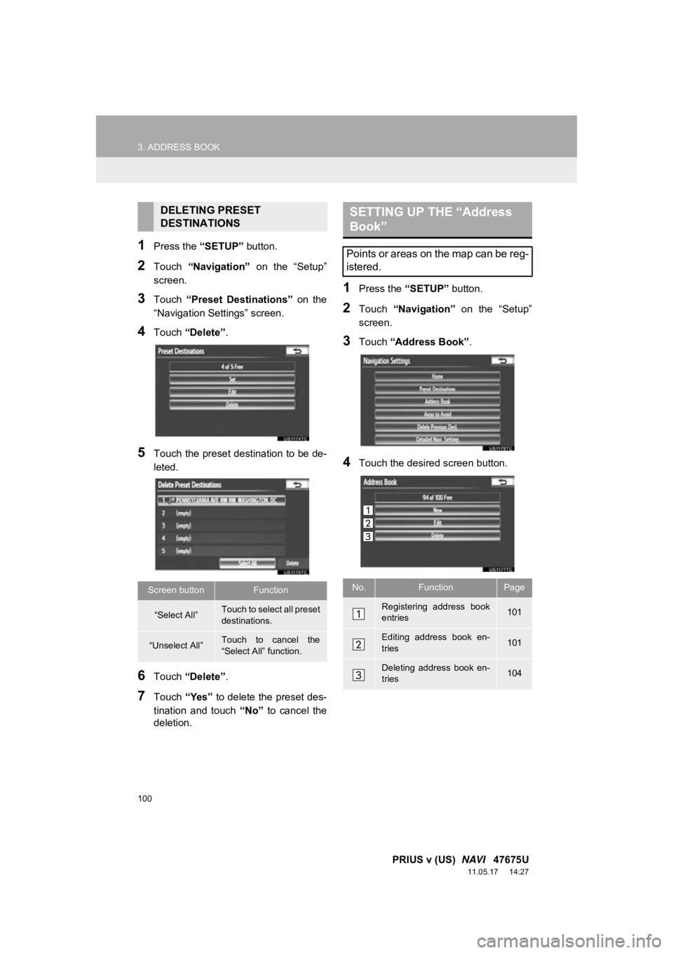 TOYOTA PRIUS V 2012 Accessories, Audio & Navigation (in English) 100
3. ADDRESS BOOK
PRIUS v (US) NAVI 47675U
11.05.17 14:27
1Press the “SETUP” button.
2Touch “Navigation” on the “Setup”
screen.
3Touch “Preset Destinations” on the
TOYOTA PRIUS V 2012 Accessories, Audio & Navigation (in English) 100
3. ADDRESS BOOK
PRIUS v (US) NAVI 47675U
11.05.17 14:27
1Press the “SETUP” button.
2Touch “Navigation” on the “Setup”
screen.
3Touch “Preset Destinations” on the