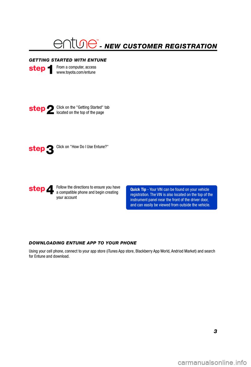 TOYOTA PRIUS V 2012 Accessories, Audio & Navigation (in English) 3
Follow the directions to ensure you have
a com\fatible \fhone and beg\min creating
your accountstep4
Clic\b on "How Do I Use Entune?\m"
Quick Tip - Your VIN can be found o\mn your vehicle TOYOTA PRIUS V 2012 Accessories, Audio & Navigation (in English) 3
Follow the directions to ensure you have
a com\fatible \fhone and beg\min creating
your accountstep4
Clic\b on "How Do I Use Entune?\m"
Quick Tip - Your VIN can be found o\mn your vehicle