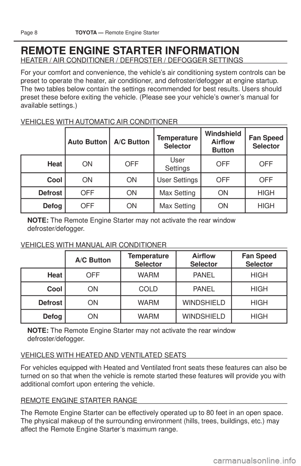TOYOTA PRIUS V 2012 Accessories, Audio & Navigation (in English) Page 8 TOYOTA — Remote Engine Starter
REMOTE ENGINE STARTER INFORMATION
HEATER / AIR CONDITIONER / DEFROSTER / DEFOGGER SETTINGS
For your comfort and convenience, the vehicle’ s air conditioning TOYOTA PRIUS V 2012 Accessories, Audio & Navigation (in English) Page 8 TOYOTA — Remote Engine Starter
REMOTE ENGINE STARTER INFORMATION
HEATER / AIR CONDITIONER / DEFROSTER / DEFOGGER SETTINGS
For your comfort and convenience, the vehicle’ s air conditioning