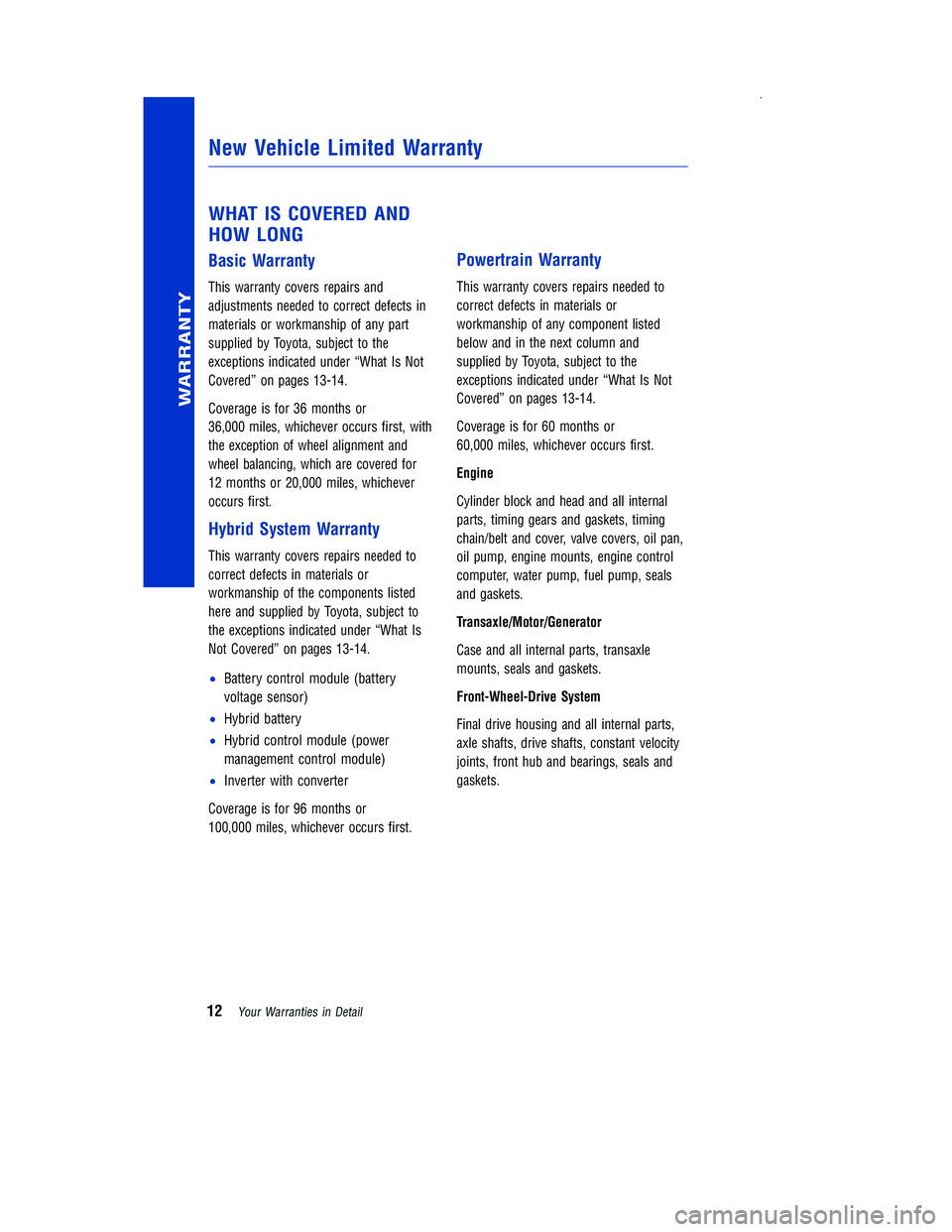 TOYOTA PRIUS V 2012  Warranties & Maintenance Guides (in English) WHAT IS COVERED AND
HOW LONG
Basic Warranty
This warranty covers repairs and
adjustments needed to correct defects in
materials or workmanship of any part
supplied by Toyota, subject to the
exceptions