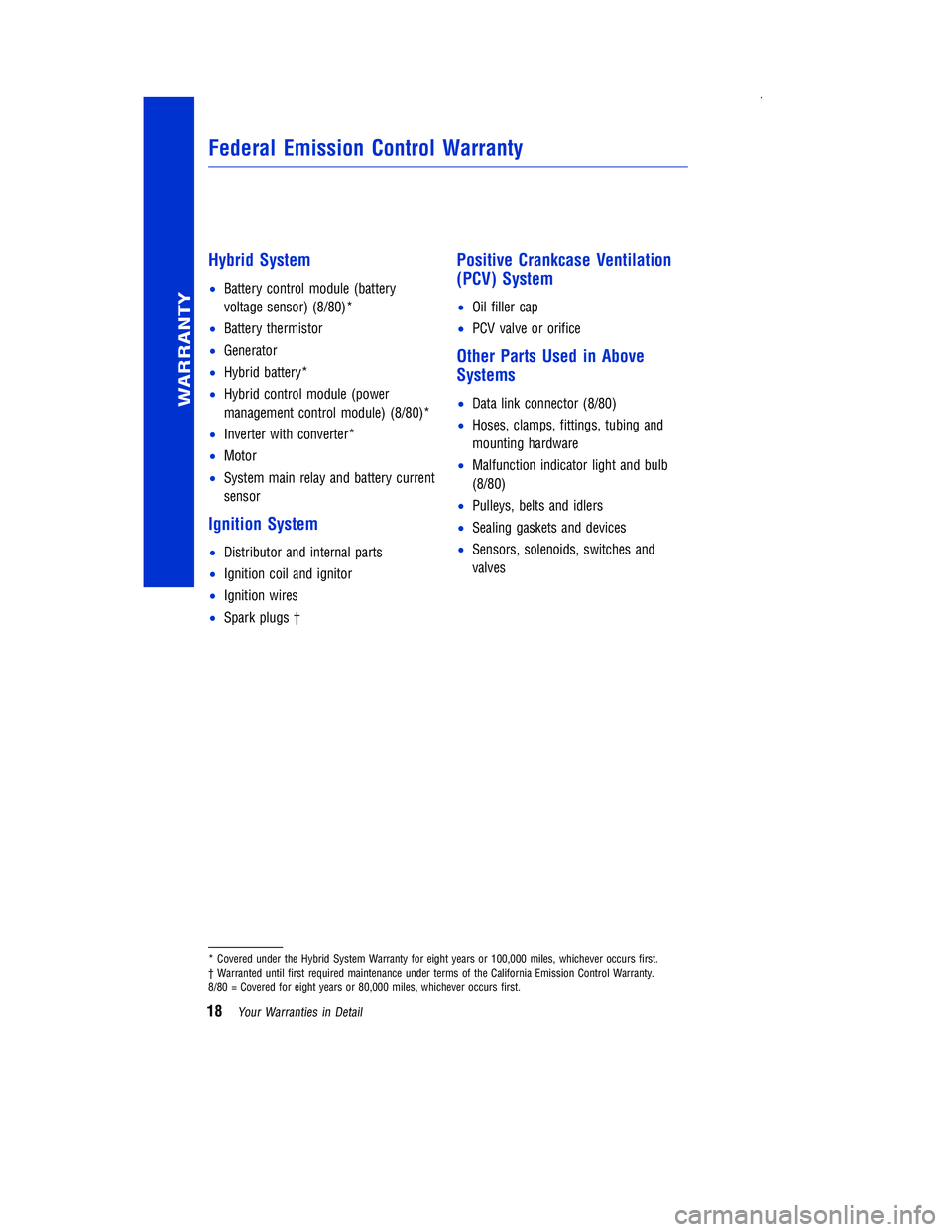 TOYOTA PRIUS V 2012  Warranties & Maintenance Guides (in English) Hybrid System
•Battery control module (battery
voltage sensor) (8/80)*
• Batter
y thermistor
• Generator
• Hybrid battery*
• Hybrid control module (power
management control
module)

(8/80)*
