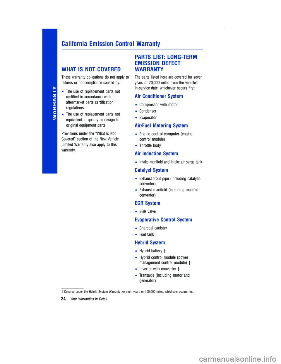 TOYOTA PRIUS V 2012  Warranties & Maintenance Guides (in English) WHAT IS NOT COVERED
These warranty obligations do not apply to
failures or noncompliance caused by:
•The use of replacement parts not
certified in accordance
with
aftermarket parts certification
reg
