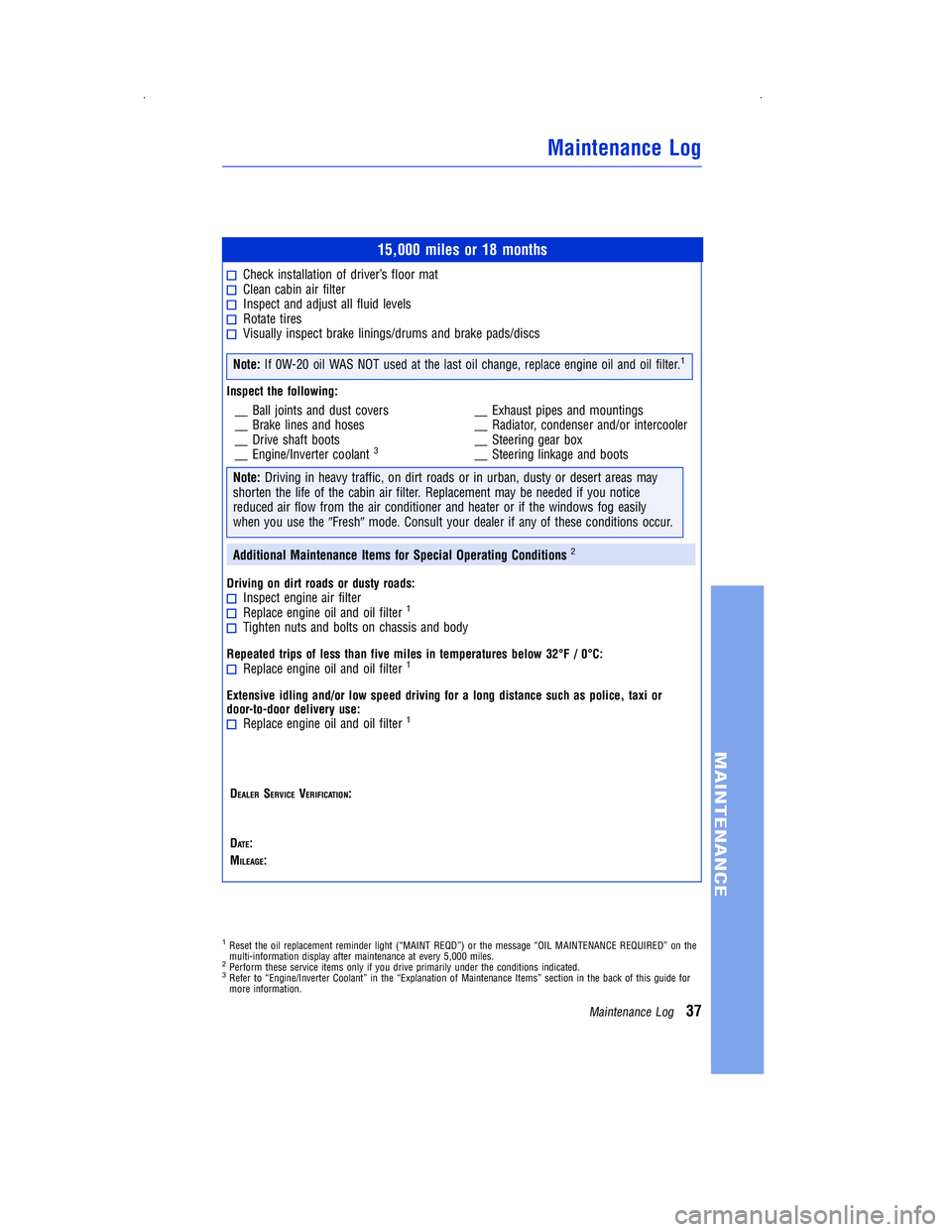 TOYOTA PRIUS V 2012  Warranties & Maintenance Guides (in English) 15,000 miles or 18 months
Check installation of driver’s floor matClean cabin air filterInspect and adjust all fluid levelsRotate tiresVisually inspect brake linings/drums and brake pads/discs
Note: