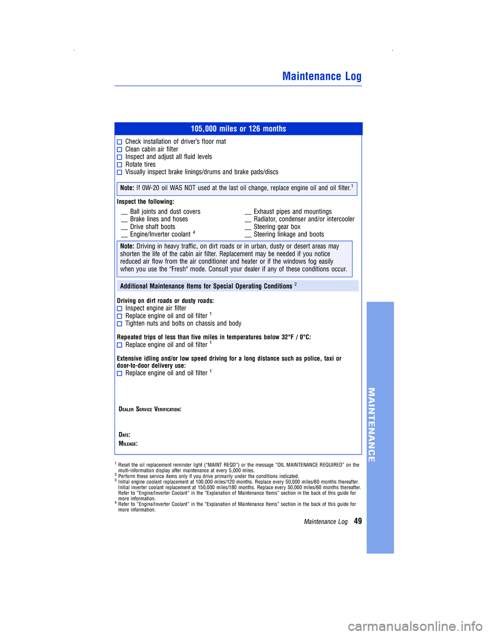 TOYOTA PRIUS V 2012  Warranties & Maintenance Guides (in English) 105,000 miles or 126 months
Check installation of driver’s floor matClean cabin air filterInspect and adjust all fluid levelsRotate tiresVisually inspect brake linings/drums and brake pads/discs
Not