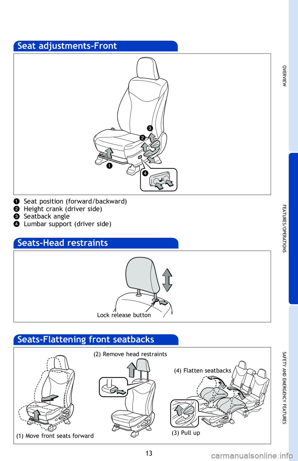 TOYOTA PRIUS V 2013 (in English) User Guide OVERVIEW
FEATURES/OPERATIONS
SAFETY AND EMERGENCY FEATURES
13
Hold wheel, push lever down, set angle and length, and return lever.
NOTE: Do not attempt to adjust while the vehicle is in motion.
EV dr TOYOTA PRIUS V 2013 (in English) User Guide OVERVIEW
FEATURES/OPERATIONS
SAFETY AND EMERGENCY FEATURES
13
Hold wheel, push lever down, set angle and length, and return lever.
NOTE: Do not attempt to adjust while the vehicle is in motion.
EV dr