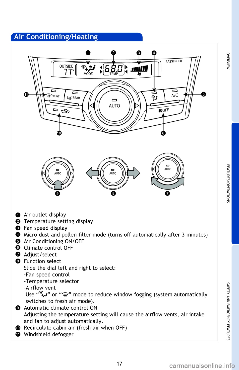 TOYOTA PRIUS V 2013 (in English) User Guide OVERVIEW
FEATURES/OPERATIONS
SAFETY AND EMERGENCY FEATURES
17
Air Conditioning/Heating
Air outlet display
Temperature setting display
Fan speed display
Micro dust and pollen filter mode (turns off au TOYOTA PRIUS V 2013 (in English) User Guide OVERVIEW
FEATURES/OPERATIONS
SAFETY AND EMERGENCY FEATURES
17
Air Conditioning/Heating
Air outlet display
Temperature setting display
Fan speed display
Micro dust and pollen filter mode (turns off au