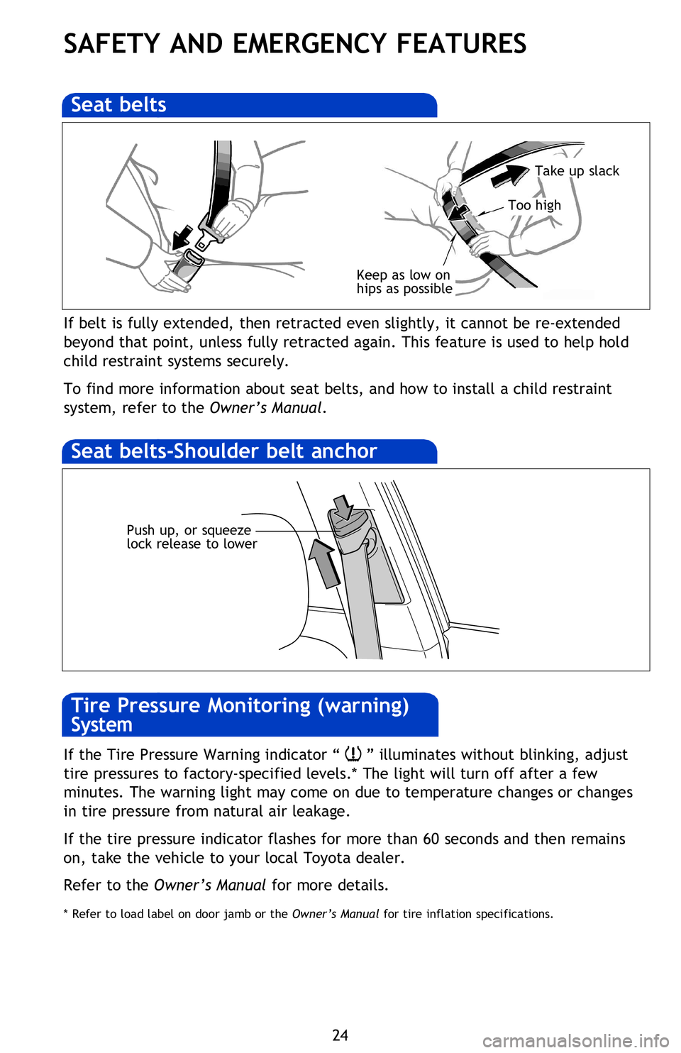 TOYOTA PRIUS V 2013 (in English) Owners Manual 24
SAFETY AND EMERGENCY FEATURES
If belt is fully extended, then retracted even slightly, it cannot be re-extended
beyond that point, unless fully retracted again. This feature is used to help hold TOYOTA PRIUS V 2013 (in English) Owners Manual 24
SAFETY AND EMERGENCY FEATURES
If belt is fully extended, then retracted even slightly, it cannot be re-extended
beyond that point, unless fully retracted again. This feature is used to help hold