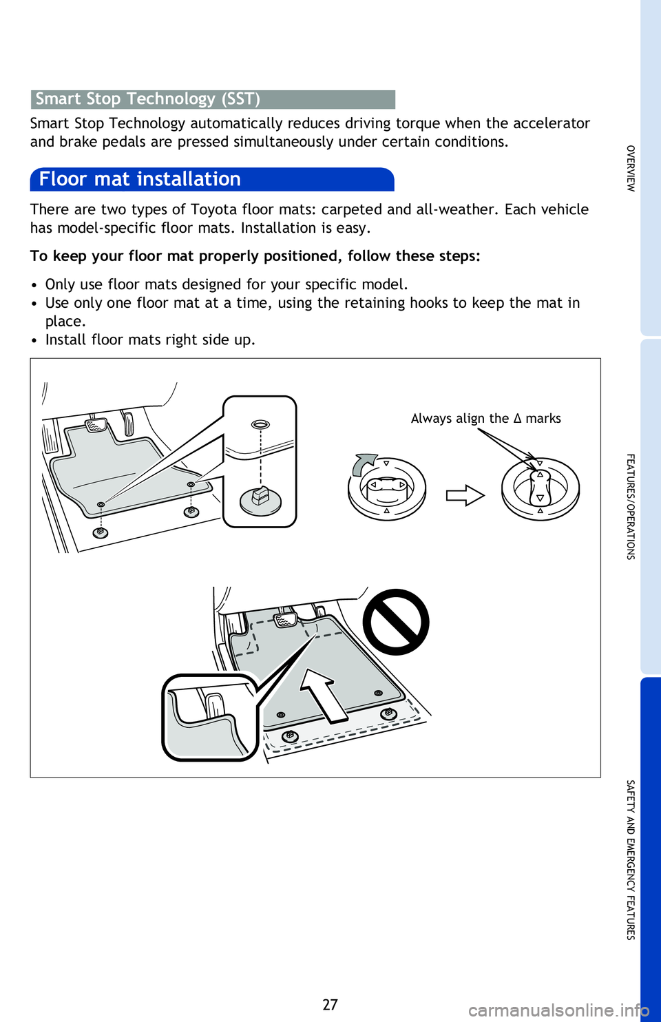 TOYOTA PRIUS V 2013 (in English) Owners Manual OVERVIEW
FEATURES/OPERATIONS
SAFETY AND EMERGENCY FEATURES
27
There are two types of Toyota floor mats: carpeted and all-weather. Each vehicle
has model-specific floor mats. Installation is easy.
TOYOTA PRIUS V 2013 (in English) Owners Manual OVERVIEW
FEATURES/OPERATIONS
SAFETY AND EMERGENCY FEATURES
27
There are two types of Toyota floor mats: carpeted and all-weather. Each vehicle
has model-specific floor mats. Installation is easy.