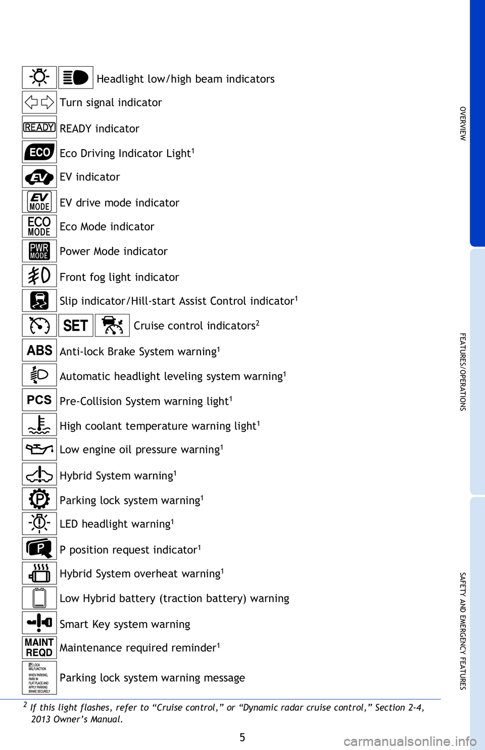 TOYOTA PRIUS V 2013  Owners Manual (in English) OVERVIEW
FEATURES/OPERATIONS
SAFETY AND EMERGENCY FEATURES
5
Service indicators and reminders  
Clock
Odometer and trip meter display
Trip information display
Hybrid battery (traction battery) status
